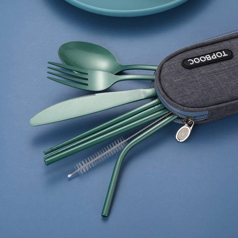 Topbooc Portable Stainless Steel Flatware Set, Travel Camping Cutlery Set, Portable Utensil Travel Silverware Dinnerware Set with a Waterproof Case (Green) - Image 4